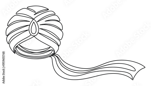 Stylized traditional Indian turban with an elegant jewel embellishment and a flowing fabric tail, perfect for cultural event branding or historical fashion and costume design projects