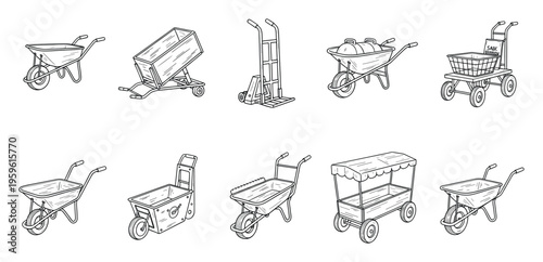 A diverse compilation of essential utility vehicles and material handling equipment showcasing various designs for gardening, construction, and commercial transport purposes.