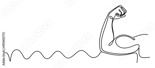 Simple continuous line drawing of a flexing bicep and clenched fist representing human strength, willpower, and physical power for sports, fitness, and health projects.