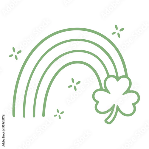 A minimalist vector graphic of a green rainbow with a four-leaf clover and sparkles on a white background