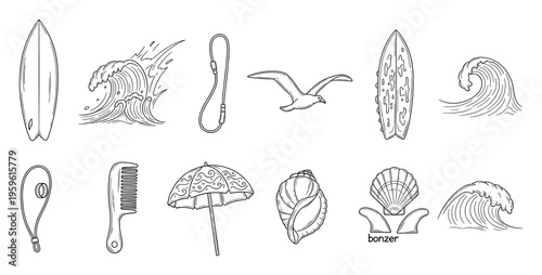 A comprehensive collection of summer ocean and watersports themed line drawings featuring surfboards, dynamic waves, a flying seagull, beach umbrella, seashells, and essential surfing