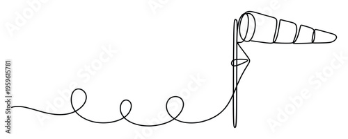 Continuous line drawing of a windsock on a pole with a flowing line representing air, perfect for weather forecasts, aviation themes, or environmental awareness projects