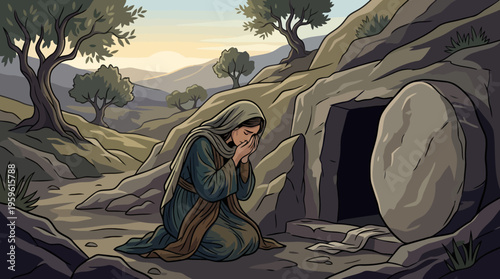 Woman Mourning at Empty Tomb of Jesus Christ.