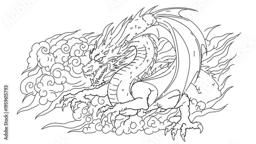 A dragon illustration in a dynamic pose with flames and smoke in a vector graphic design