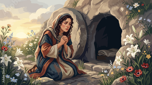 Mary Magdalene Mourning at the Empty Tomb of Jesus Christ.