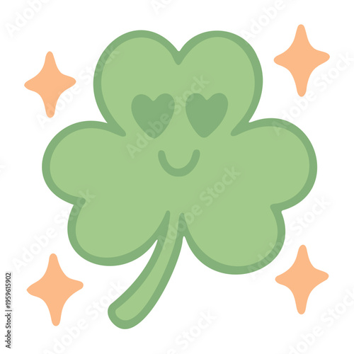 A cute cartoon four-leaf clover with a smiling face and heart eyes surrounded by sparkles