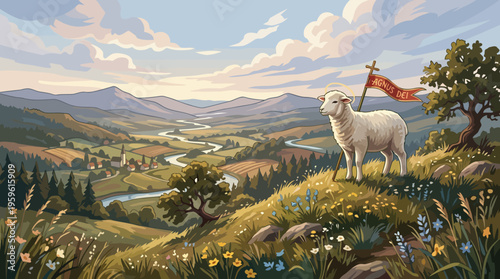 Majestic White Lamb Standing on a Grassy Hill with a Flag.