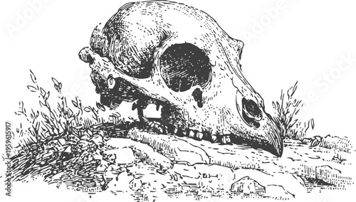 detailed black and white illustration of a vintage animal skull resting on rocky ground with grass elements