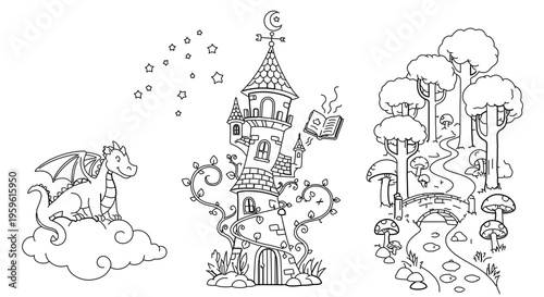 A whimsical vector illustration of a dragon, castle, and fantasy landscape in a flat, minimalist line art style