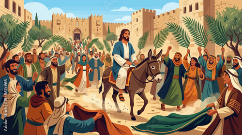 Jesus Christ Riding Donkey Palm Sunday Entry Jerusalem.