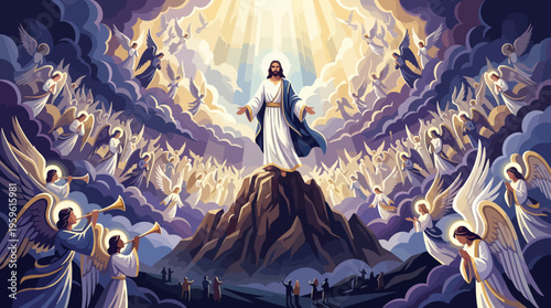 Jesus Christ surrounded by angels ascending to heaven.