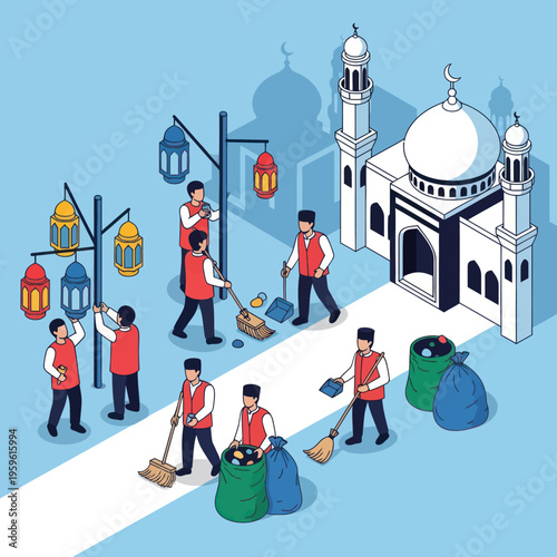 Cleaning Staff Outside Mosque Illustration.