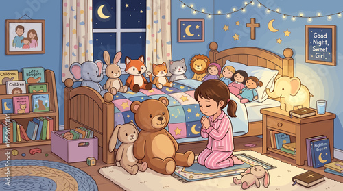 Little Girl Praying Beside Her Bed at Night.