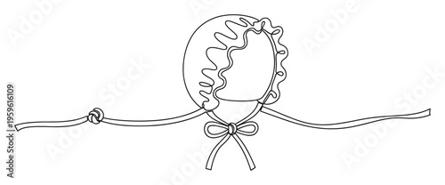 Simple line drawing of a baby bonnet with a ruffled edge and tie ribbons, perfect for childrens apparel designs or newborn announcement graphics.