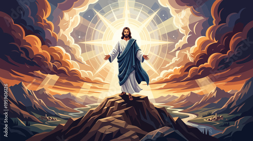 Jesus Christ standing on a mountain peak with open arms and a radiant light behind him.