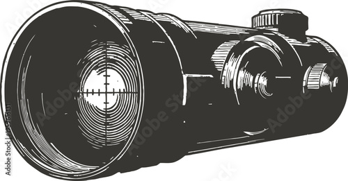 Tactical riflescope illustration with reticle, zoom lens and adjustment knobs for precision shooting equipment