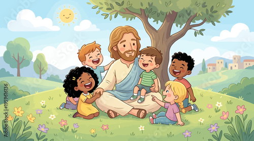 Jesus Christ surrounded by a diverse group of happy children outdoors.