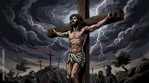 Jesus Christ Crucified on Cross During Stormy Sky.