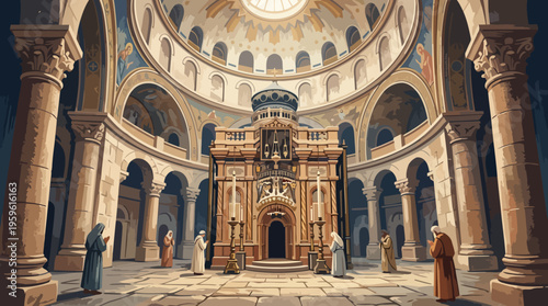 Grand Interior of the Church of the Holy Sepulchre with Ornate Edicule and Dome.