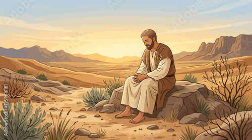 Jesus Christ Meditating in Desert Landscape.