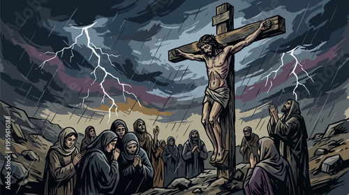 Jesus Christ Crucifixion Scene with Mourners and Dramatic Sky.
