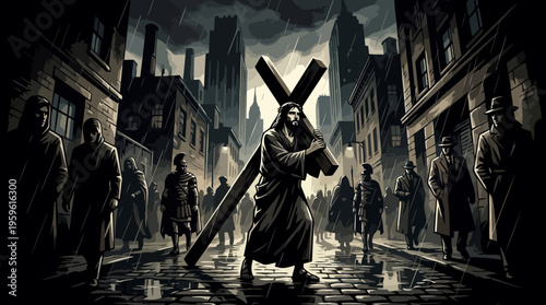 Jesus Christ Carrying Heavy Cross Through Dark City Street.