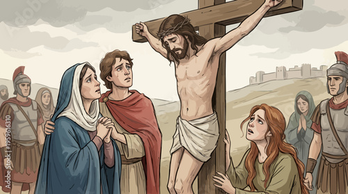 Jesus Christ Crucifixion Scene with Mary and Disciples.