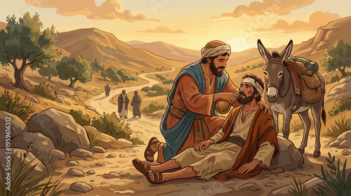 Good Samaritan helping injured traveler on dusty road with donkey nearby.