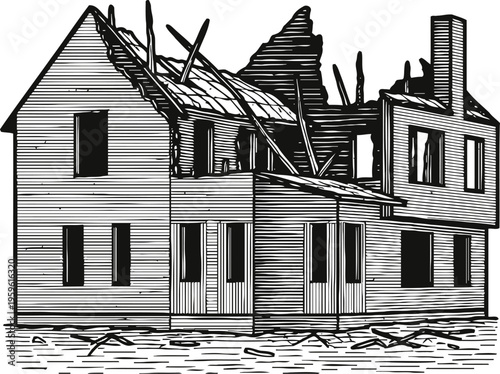 Old abandoned house with damaged roof and broken windows in black and white vintage drawing