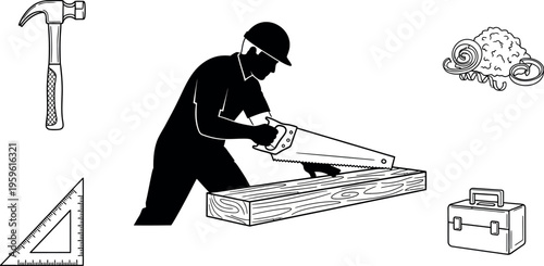 Carpenter, woodworking tools, construction icons, black and white vector