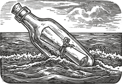 Message in a bottle floating on ocean waves with rolled paper inside and cloudy sky background
