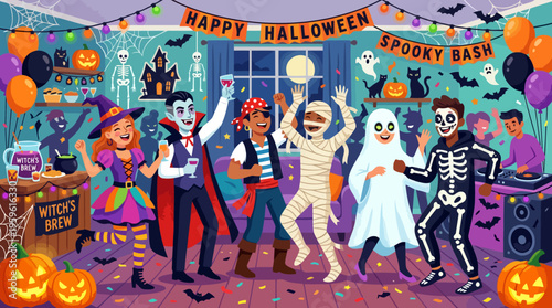 Happy Halloween Spooky Bash Party with Costumed Friends.