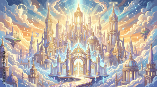 Heavenly Kingdom Majestic Golden City in the Clouds.