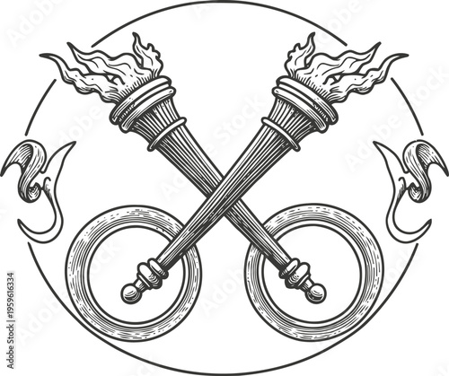Crossed flaming torches and rings vintage engraving classic fire symbols in hand drawn
