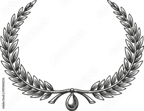 Classic laurel wreath illustration design in black and white with detailed leaves and ribbon tie