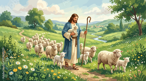 Jesus Christ as the Good Shepherd with Lambs and Sheep.