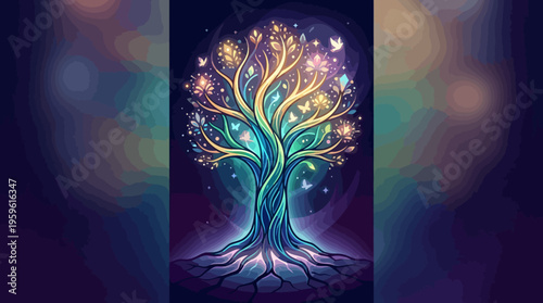 Vibrant Tree of Life with Glowing Leaves and Roots.