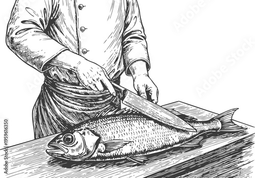 Chef filleting fresh whole fish on wooden surface seafood preparation and kitchen cooking process illustration