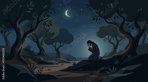 Man Praying in Garden at Night Under Crescent Moon and Stars.