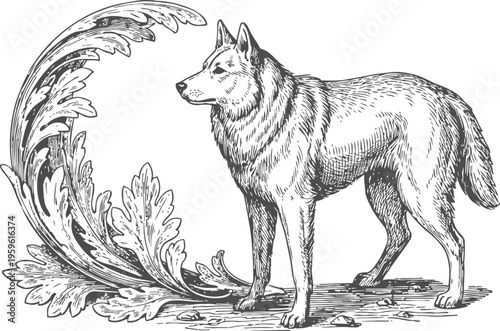 Hand drawn siberian husky standing beside ornamental floral design in vintage engraving