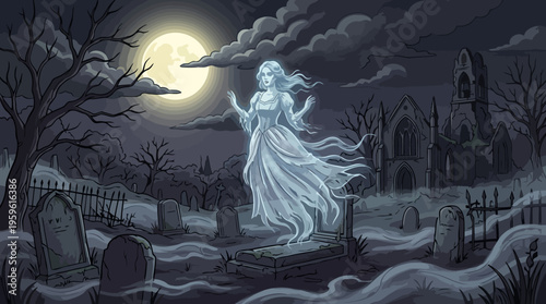 Ethereal Ghostly Figure Floating in Moonlit Night.
