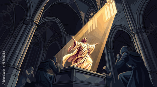 Mysterious Figure Illuminated by Light Beam in Dark Chamber.