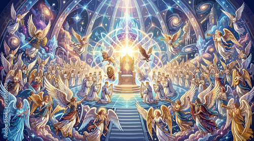 Celestial gathering of angels and divine beings in a heavenly realm.
