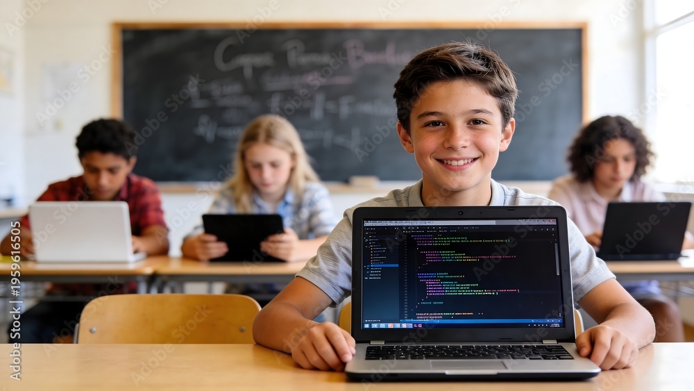 Fototapeta premium Happy student showing coding project on laptop in classroom, digital learning and programming education concept, modern school technology and young developer skills with computers