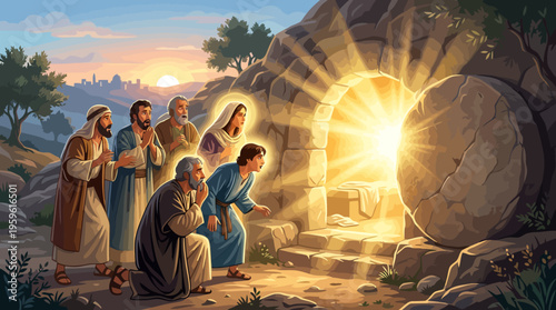 Jesus Christ Resurrection Empty Tomb Disciples Witnessing Divine Light.