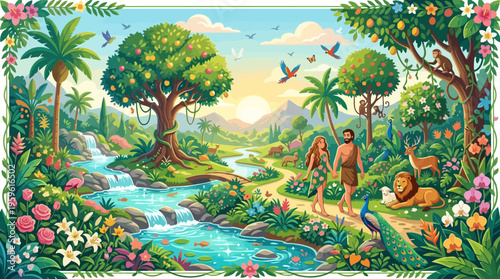 Adam and Eve Walking in the Garden of Eden Paradise.