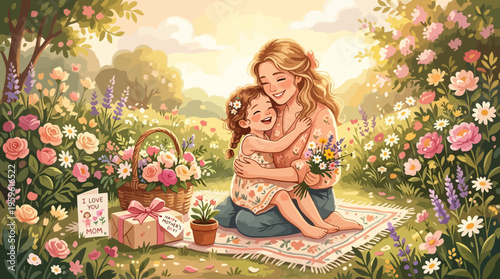 Mother and Daughter Embracing Outdoors with Love and Tenderness.