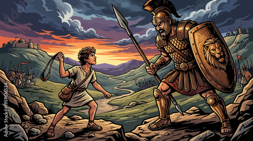 David and Goliath Biblical Battle Scene Illustration.