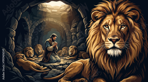 A Majestic Lion in a Den with a Praying Man.