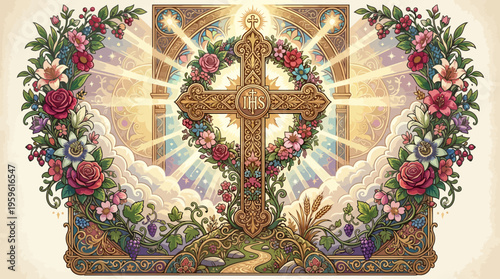 Ornate Religious Cross Adorned with Flowers and Radiant Light.